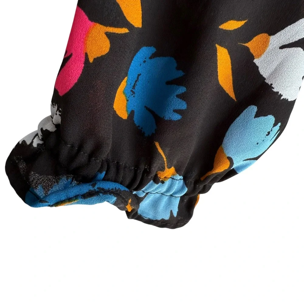 J.CREW Black Multicolor Floral Long Sleeve Ruffled Ladies Blouse, XS‎